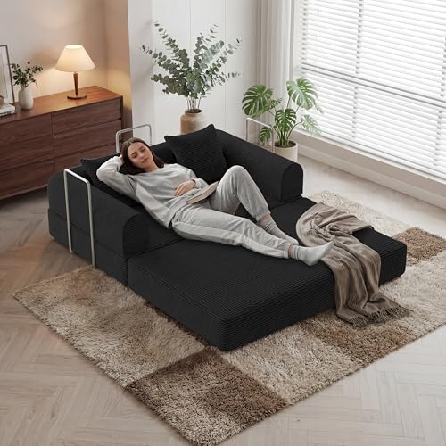 HouseMila 53.15" Boneless Couch,4-in-1 Futon Sofa Bed Modular Loveseat Sleeper Folding Compressed Couch with Pillows,No Assembly Required Convertible Sofa Bed for Living Room Bedroom Guest Room,Black HouseMila