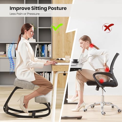 Goplus Ergonomic Kneeling Chair, Rocking Upright Posture Chair with Soft Seat & Knee Pads, Wooden Backless Knee Chair Relieves Neck Back Pain for Home Office Study, Gray and Black Goplus
