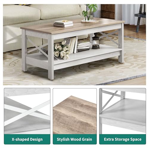 YITAHOME Coffee Tables for Living Room, Modern Farmhouse Coffee Table with Storage, 2-Tier Center Table Wood Living Room Table Accent Cocktail with Sturdy Frame, Grey Wash YITAHOME
