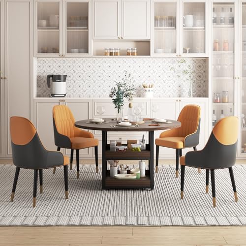XINNQEE 5-Piece Round Dining Table Set for 4 with Storage, Kitchen Table with 4 PU Leather Chairs, Space Saving for Breakfast Nook, Dinette, Dining Room (Walnut Dining Table-4 Brown Chairs) XINNQEE