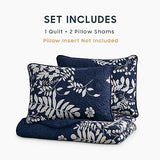 Wake In Cloud - Floral Quilt Set, Botanical Elegant Flower Tree Leaf Modern Pattern Printed, Reversible Lightweight Bedspread Coverlet, 3 Pieces, Navy Blue Gray, Queen/Full Size Wake In Cloud