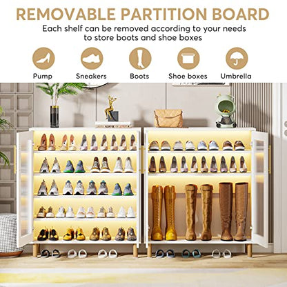 Tribesigns Shoe Cabinet with Acrylic Doors and LED Light, 24 Pairs Entryway Shoe Organizer Storage Rack with 5-Tier Adjustable Shelves for Narrow Closet, Hallway, Living Room (White & Gold) - WoodArtSupply