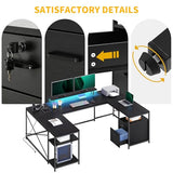 DWVO U Shaped Desk with Drawers, 79" Reversible L Shaped Desk with Power Outlets & LED Lights, Corner Computer with Monitor Stand & Storage Shelves, Black DWVO