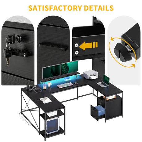 DWVO U Shaped Desk with Drawers, 79" Reversible L Shaped Desk with Power Outlets & LED Lights, Corner Computer with Monitor Stand & Storage Shelves, Black DWVO