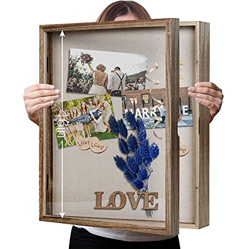 Shadow Box 13x16 Display Linen Background and 8 Stick Pins Solid Wood Memory Box Display Case for Photo,Sports Memorabilia, Awards, Medals and HPJAPRIL