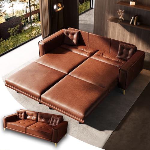 Tabaray 92.1'' King Pull Out Sofa Bed, Convertible Futon Couch, 3-in-1 Faux Leather Sleeper Sofa with Tufted Back, 2 Pillows, Gold Legs, Deep Folding Loveseat for Living Room, Apartment, Light Brown Tabaray