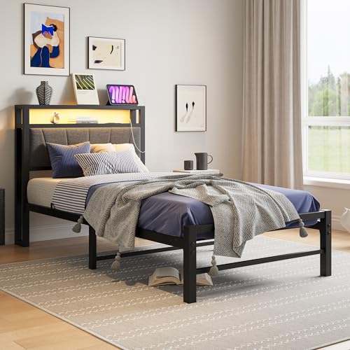 BOFENG Twin Bed Frame with Charging Station,LED Lights,Upholstered Storage Headboard,Heavy Duty Metal Platform Single Bed Frame Twin Size No Box Spring Needed,Solid and Stable,Noise Free,Grey BOFENG