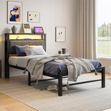 BOFENG Twin Bed Frame with Charging Station,LED Lights,Upholstered Storage Headboard,Heavy Duty Metal Platform Single Bed Frame Twin Size No Box Spring Needed,Solid and Stable,Noise Free,Grey BOFENG