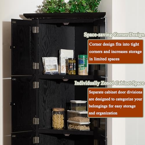 TRJQBCC 72" H Farmhouse Corner Storage Cabinet with 8 Doors & 4 Shelves, 4 Tier Kitchen Corner Pantry Cabinet Wooden Organizer Case Bookshelf, Home Space Saver Cabinet for Kitchen,Living Room(Black) TRJQBCC