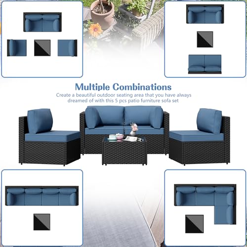 Shintenchi 5 Pieces Outdoor Patio Sectional Sofa Couch, Black PE Wicker Furniture Sets, Patio Conversation Sets with Washable Cushions Glass Coffee Table for Garden, Poolside, Backyard, Aegean Blue Shintenchi