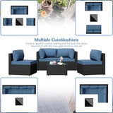 Shintenchi 5 Pieces Outdoor Patio Sectional Sofa Couch, Black PE Wicker Furniture Sets, Patio Conversation Sets with Washable Cushions Glass Coffee Table for Garden, Poolside, Backyard, Aegean Blue Shintenchi