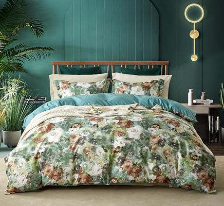 Vintage Bohemian Twin Duvet Cover Set, Watercolor Floral Bedding Set with Zipper Closure & Corner Ties, Luxury Soft Microfiber Teal Brown Floral Duvet Cover for Bedroom Decor Cupocupa