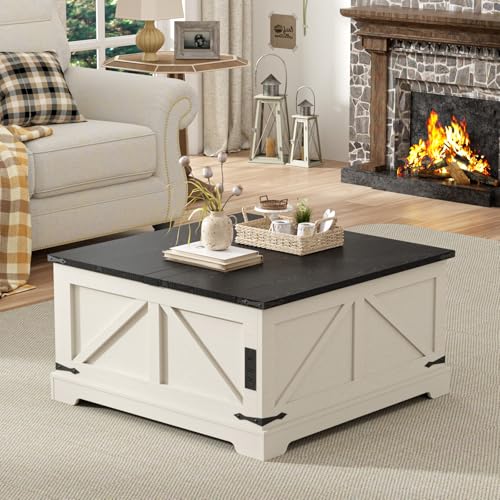 FiveWillowise Farmhouse Lift Top Coffee Table with Large Hidden Storage Compartment, 31.5" W Wood Square Center Table with Charging Station, Rustic Cocktail Table for Living Room, Home Office, White FiveWillowise