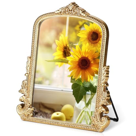 Vintage Makeup Mirror, Vanity Desk Mirror Antique Traditional Tabletop Mirror, Standing, Hang or Wall Mounted, Adjustable Dress-up Mirror, Gold Decor Mirror for Living Room,Bedroom (gold, 12*9.8 in) Willannals