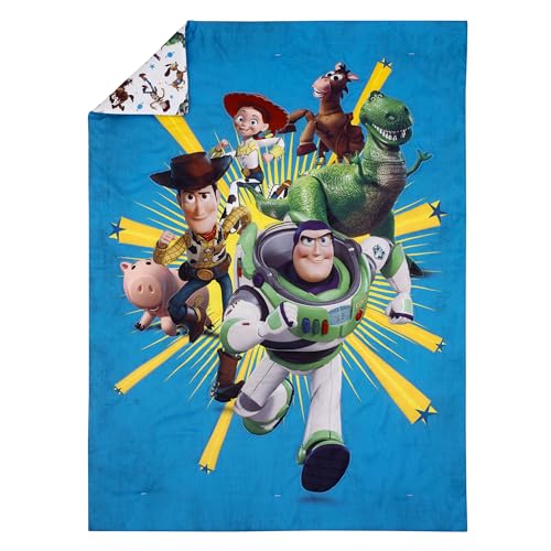 NoJo Disney Toy Story Taking Action Blue, Green and Yellow 4 Piece Toddler Bed Set - Comforter, Fitted Bottom Sheet, Flat Top Sheet, and Reversible Pillowcase NoJo