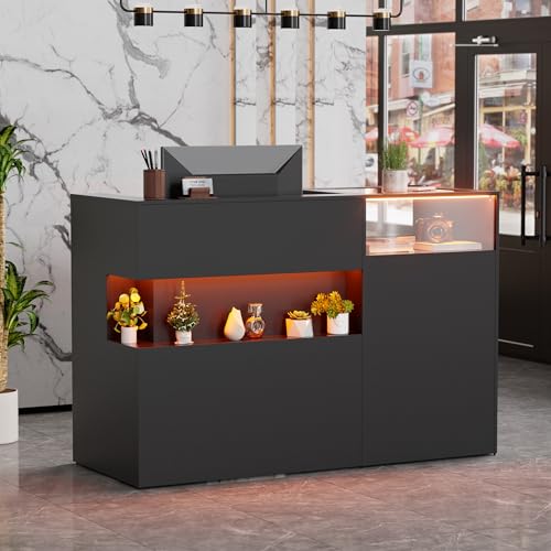 PAKASEPT 59" Large Reception Desk with Counter, Modern Front Desk Reception Room Table with LED Light & Glass Display Shelf, Retail Counter for Checkout, Lobby, Beauty Salon, Home Office Desk (Black)