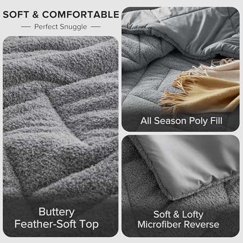 Comfort Spaces Queen Comforter Set Reversible Feather-Soft Plush Comforters for Queen Size Bed All Season Lightweight Shearling Fleece Sherpa Comforter Queen Size Bed Set, Full/Queen, Grey 3 Piece Comfort Spaces