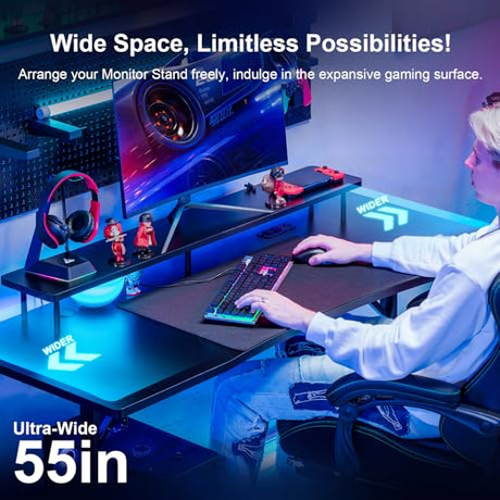 COMHOMA 55 Inch Gaming Desk with USB Charging Ports and LED Lights, Computer Desk with Monitor Stand for Home Office, Modern Gamer Desk Table with Mouse Pad & Side Hook, Colorful COMHOMA