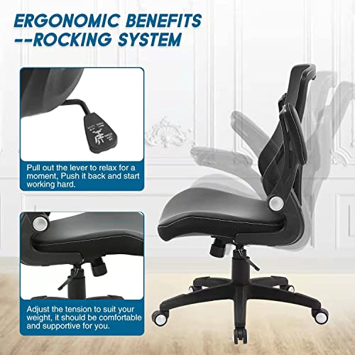 Office Chair Ergonomic Desk Chair, Computer PU Leather Home Office Chair, Swivel Mesh Back Adjustable Lumbar Support Flip-up Arms Executive Task Chair X XISHE