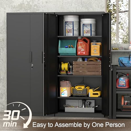GREATMEET Metal Garage Storage Cabinets, 72" H Locking Garage Cabinets with 2 Doors and 4 Shelves, Utility Cabinet for Office, Garage, Home, Gym, School, Black GREATMEET