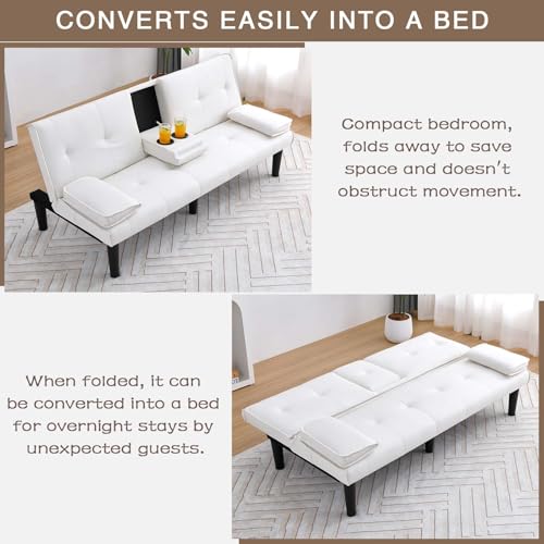 ODOLAR 67" Futon Sofa Bed,Convertible Sofa Bed with 2 Cup Holders,Sleeper Couch PVC Leather Removable Soft Armrest Small Couch for Living Room Apartments ﻿ (White) ODOLAR