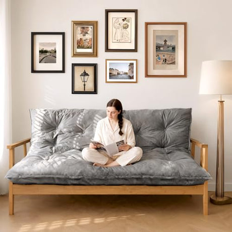 KOSRLY 6" Futon Mattress Full Size, Tufted Futons Sofa Couch Bed with Twisted Rope Design Edging,Versatile Floor Mattress for Adults，Shredded Foam Filling (Frame Not Included Gray, Full) KOSRLY
