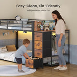 ADORNEVE Low Bunk Bed Twin Over Twin with Bookshelf, 4 Storage Drawers, Metal Kids Bunk Bed with Power Outlet & RGB Lights, Clothing Rack & Shelves, Safety Guardrail & Ladder, Black ADORNEVE