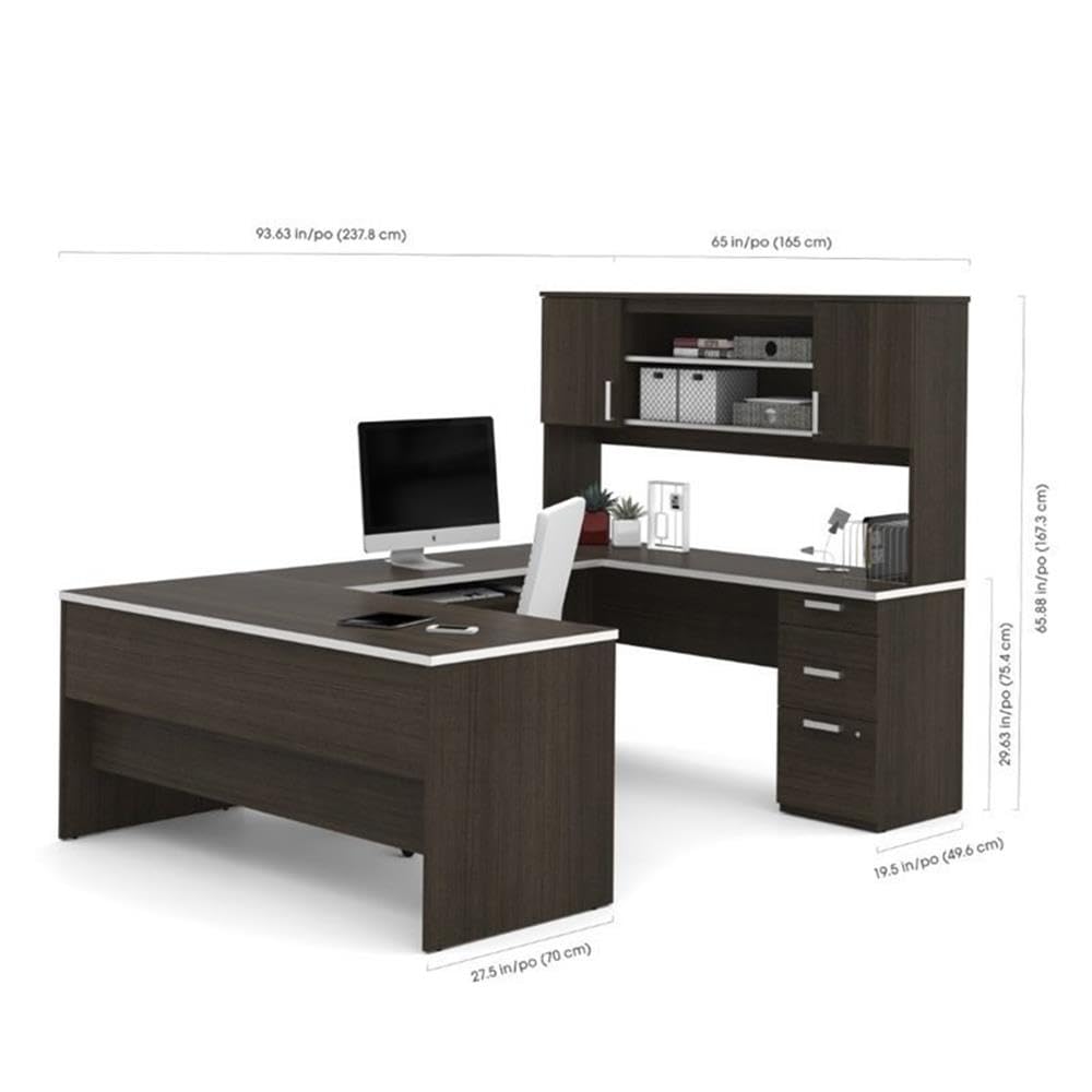 Pemberly Row U Shaped Modern Executive Computer Desk with Pedestal and Hutch in Brown Chocolate Pemberly Row