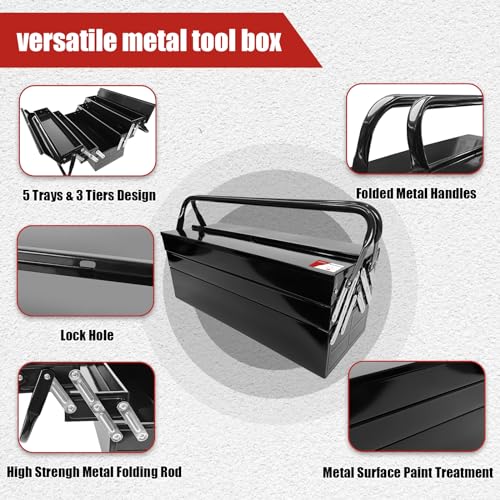 YATOINTO Metal Cantilever Tool Box, 21" Fold Out Steel Tool Box with Handle 3-Tier 5 Tray, Portable Metal Tool Storage Box Organizers for Home Studio Auto Repair Factory YATOINTO