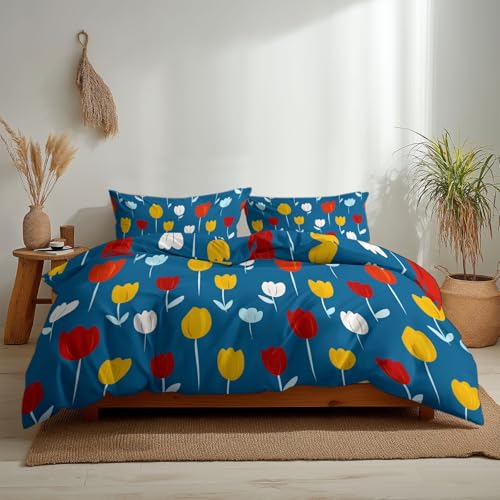 Blue Duvet Cover Set Small Single Size, 2-Piece Reversible Bedding Set, Brushed Microfiber Bedding with Zipper Closure & Corner Ties, Soft Breathable Minimalist Plants Fresh Flowers Duvet Cover Generic