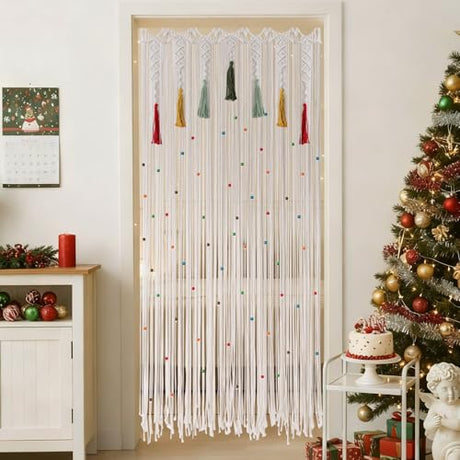 Boho Macrame Curtain with Colorful Tassels, 1 Panel 35" x 79" Handmade Beaded Curtain for Doorway, Window Curtains with Wood Beads, Bohemian Room Divider Wall Hanging Home Decor Wedding Backdrop Boshen
