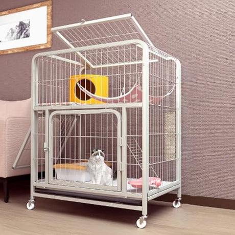 GUQASDV Cat Cages Indoor, Cat Playpen with Top Cover, Catio Indoor Cat Enclosure on Wheels, Cat Crate with Pull-Out Tray for Ferret, Chinchilla, Rabbit, Small Animals(White,78x54x100cm) GUQASDV