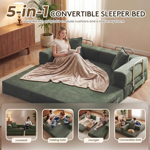 GRUSIGN 78 Inch Convertible Sofa Bed, 5-in-1 Futon Sofa Bed Pull Out Couch, Boneless Couch Bed for Living Room, Corduroy Boneless Couches for Bedroom, Apartment, No Assembly Sleeper Sofa Bed, Green GRUSIGN