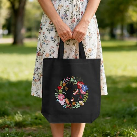 ERKOON Canvas Tote Bag Embroidery Kit for Beginners, Floral Arts Crafts Cross Stitch Kits for Adults Including Stamped Embroidery Bag with Hoops, Needle, Instruction and Color Threads(Wreath) ERKOON