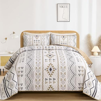 Drucon Boho Queen Size Aztec Quilt Set 3 Pieces Lightweight Fall Quilt Beddding Set, Soft Microfiber Bohemian Bedspread Coverlet Set with 2 Pillowcases for All Season (Queen, 90"x96")