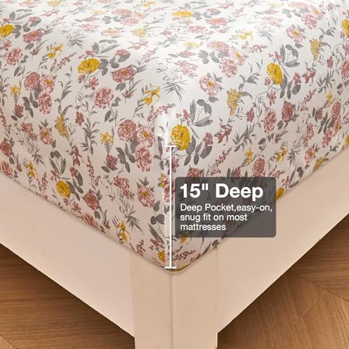 Viviland Floral Queen Sheet Set - 4 Piece Vintage Pink & Yellow Flower Patterned Bed Sheets - Soft, Breathable Microfiber Sheets with Deep Pocket, Non-Slip Fitted Sheets & Pillowcases Viviland