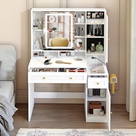 Pamapic Glass Top Sliding Mirror Vanity Desk with Lights, Makeup Vanity with Jewelry Storage, 3 Drawers, 12 Compartments, Golden Handles, 3 Color Dressing Table with Charging Station, Bedroom, White Pamapic