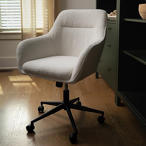 Martha Stewart Rayna Swivel Task Chair with Flared Arms for Home Office in White Boucle with Oil Rubbed Bronze Frame Martha Stewart