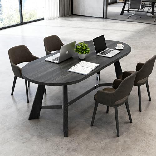6FT Oval Conference Table, Rustic Black 70.86" W Meeting Table Fit 6-8 People, Modern Seminar Table Boardroom Desk for Office Meeting Conference Room SAINTCY