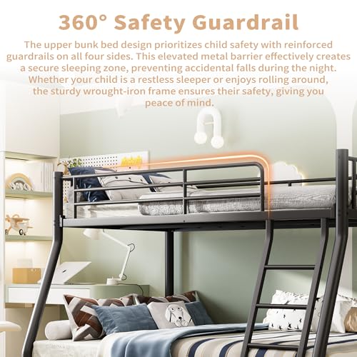 HomJoones Metal Twin Over Full Size Bunk Bed for Adults & Kids,Twin Over Full Bunk Beds, Low Profile Bunkbeds with Length Guardrail and Ladder, No Box Spring Needed,Space Saving HomJoones