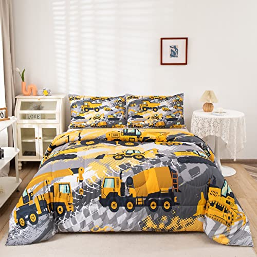 Feelyou Kids Construction Comforter Set Twin Bedding Sets for Boys Toddler Children Cartoon Cars Excavator Tractor Comforter Set Construction Machinery Truck Duvet Set Cars Bed Set with 1 Pillow Case Feelyou