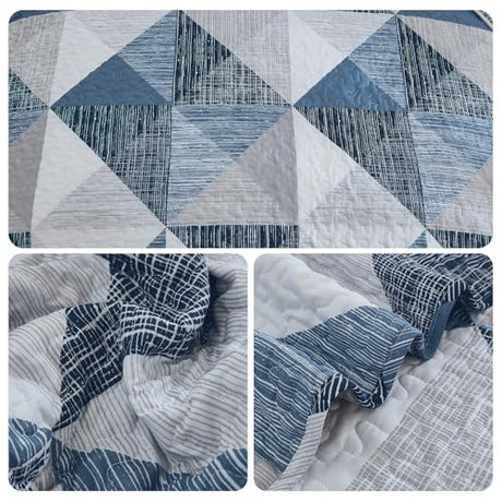 Dintszyayue King Size Quilt Blue, 3 Pieces Patchwork Bedspread Bedding for King Size Bed, Soft Lightweight Microfiber Geometric Coverlet Set for All Season Quilts with 2 Pillowcases Dintszyayue