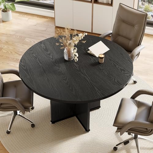 LITTLE TREE 39-Inch Small Conference Table for 4, Round Meeting Table with X-Shape Pedestal, for Office, Conference Room, Small Spaces, Black LITTLE TREE