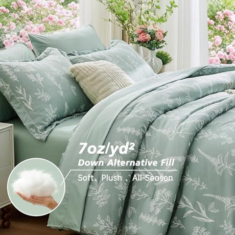 MUXHOMO Full Comforter Set, Sage Green Elegant Floral Print Bed in a Bag 7 Pieces, Ultra Soft & Breathable Reversible Botanical Pattern Bedding Set with Comforter, Sheets, Pillowcases, and Shams MUXHOMO