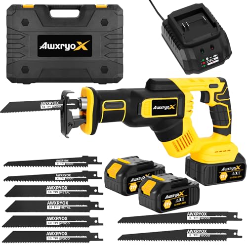 AwxryoX 21V Brushless Reciprocating Saw Cordless, 3500SPM Variable Speed Saw Reciprocating with 2 x 4.0Ah Battery & 8 Saw Blades, Tool Free Blade Change Power Reciprocal SawSaw for Wood Metal - WoodArtSupply