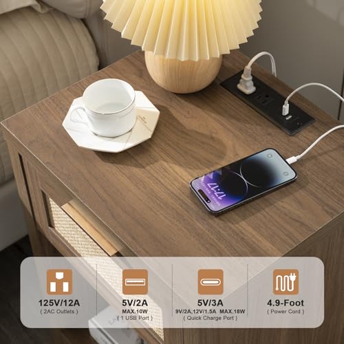 OAKHAM HOME Nightstand Set of 2, Rattan Night Stand with Type-C Charging Station, Bedside Table with Drawer, Boho Bed Side Table End Table Accent Table for Bedroom Living Room (Special Walnut) OAKHAM HOME