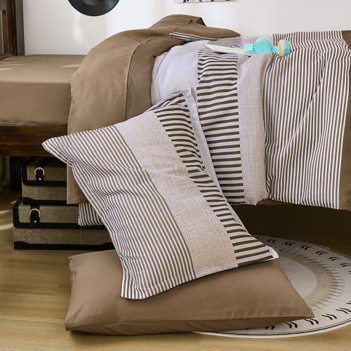 Cottolester Brown Comforter Set Twin Size,Classic Striped Comforters for Girls,5 Pieces Bed in A Bag Simple Neutral-Style Bedding Sets for Kids Teen Cottolester