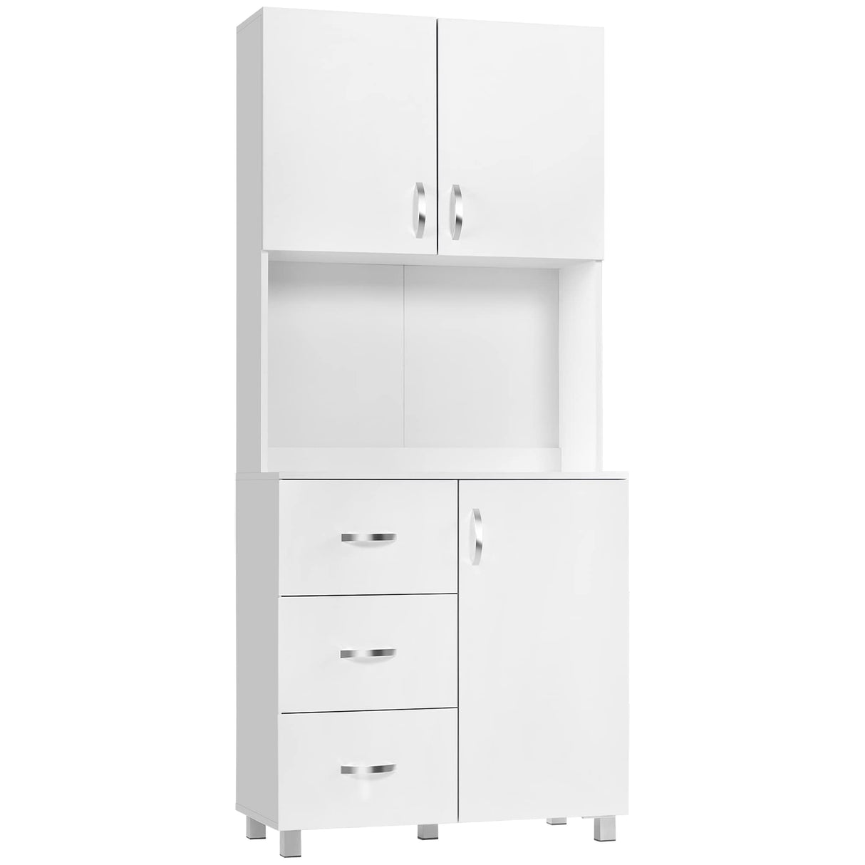 HOMCOM Freestanding Kitchen Pantry, Buffet with Hutch Storage Organizer with 2 Door Cabinets, 3 Drawers and Open Countertop, Adjustable Shelf, White HOMCOM