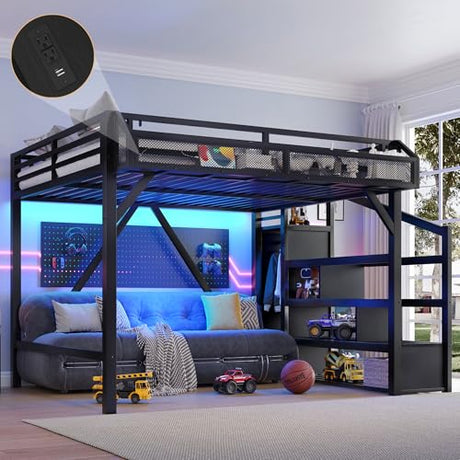 Bellemave Queen Loft Bed with Storage Stairs, Shelves and Built-in Wardrobe, Metal Loft Bed Frame with USB Ports and LED Lights, Noise-Reduced Design, Black Woodgrain Bellemave