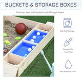 Outsunny Kids Wooden Sandbox w/Two Plastic Boxes Foldable Bench Seat Waterproof Cover Bottom Liner Storage Space Outsunny